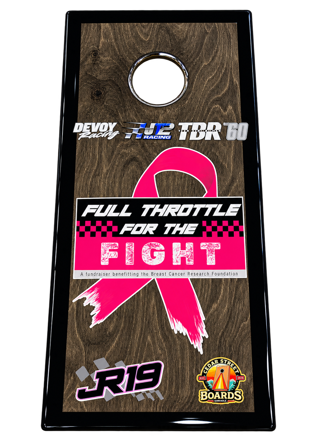 Full Throttle pink ribbon racing custom cornhole board