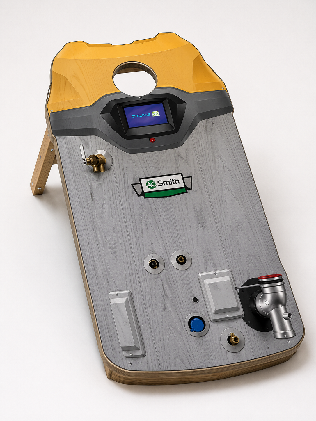 A. O. Smith water heater themed cornhole board