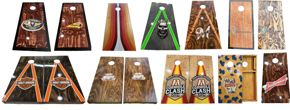 Examples of custom cornhole boards for sale or display.