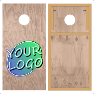 The image depicts a front and back view of a cornhole board. The front view shows a plain wooden surface with a circular hole near the top and a placeholder graphic labeled "YOUR LOGO" in a vibrant, gradient green and blue design. The back view reveals the internal framework of the board, constructed with visible cross-braces for support and the "Cedar Street Boards" logo prominently displayed near the top. The boards appear to be made of high-quality wood, reflecting a sturdy and professional design.